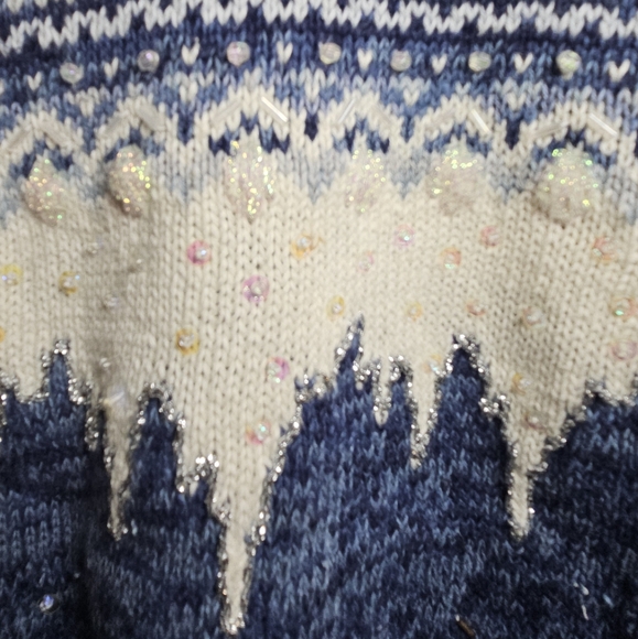Snowflake Embellished Sequins Sweater Zip Cardigan Blue White Fairisle Winter - Picture 9 of 13